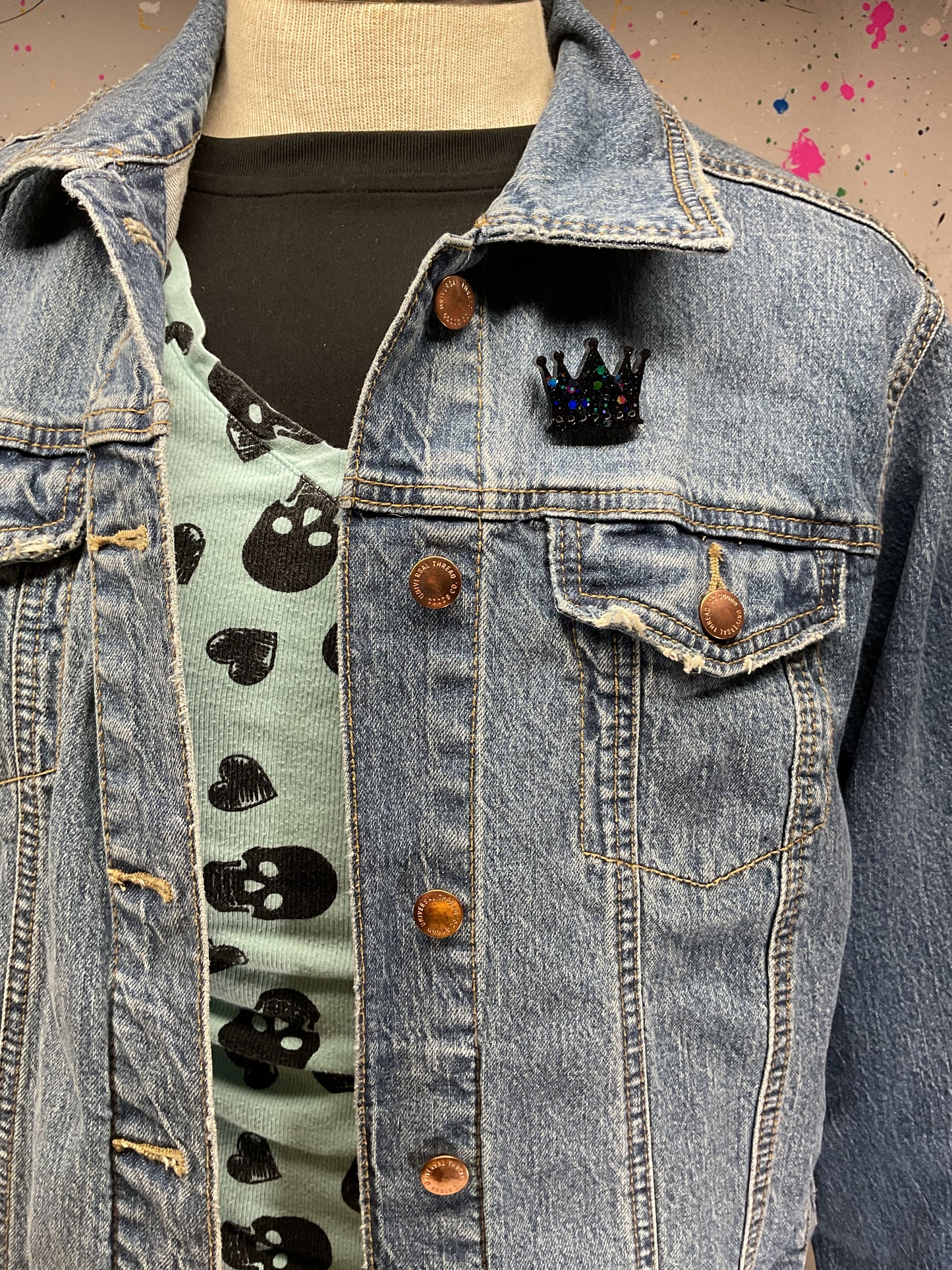 Black Crown Pin with Holographic Glitter