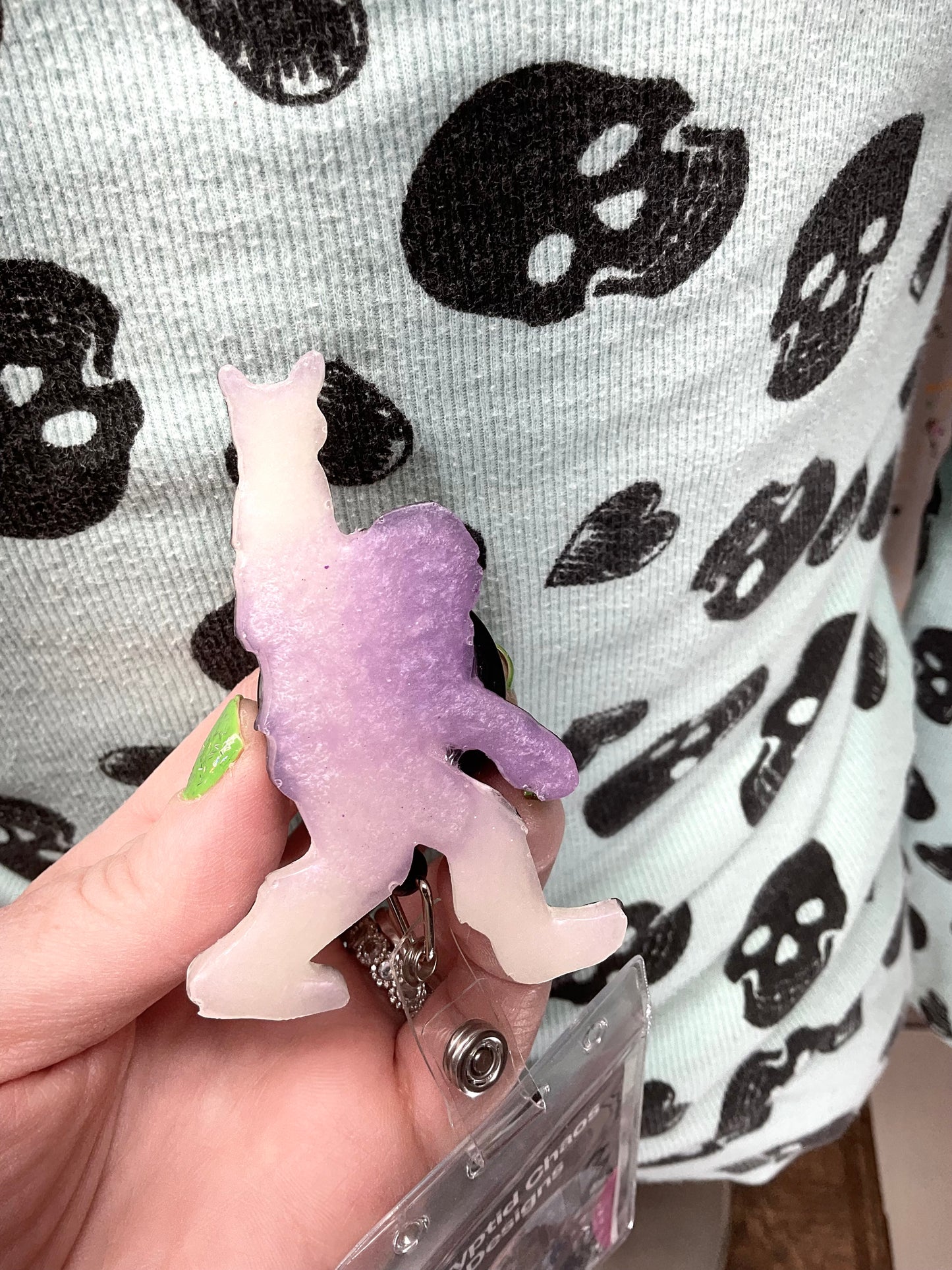 Purple & White Bigfoot Rock Hand Retractable Badge Reel- Glow in the Dark