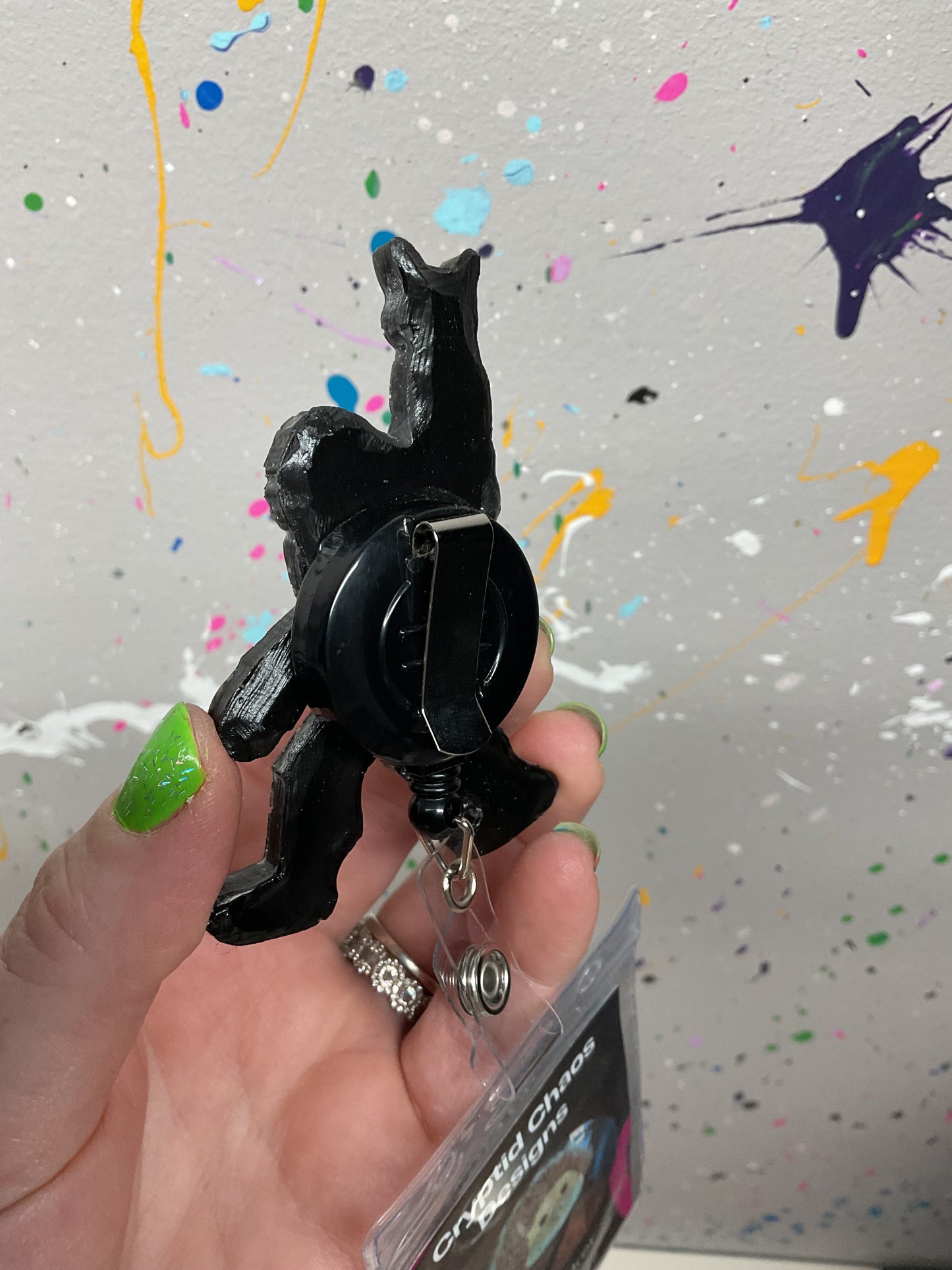 Black Bigfoot Rock Hand Retractable Badge Reel - Holographic Glitter