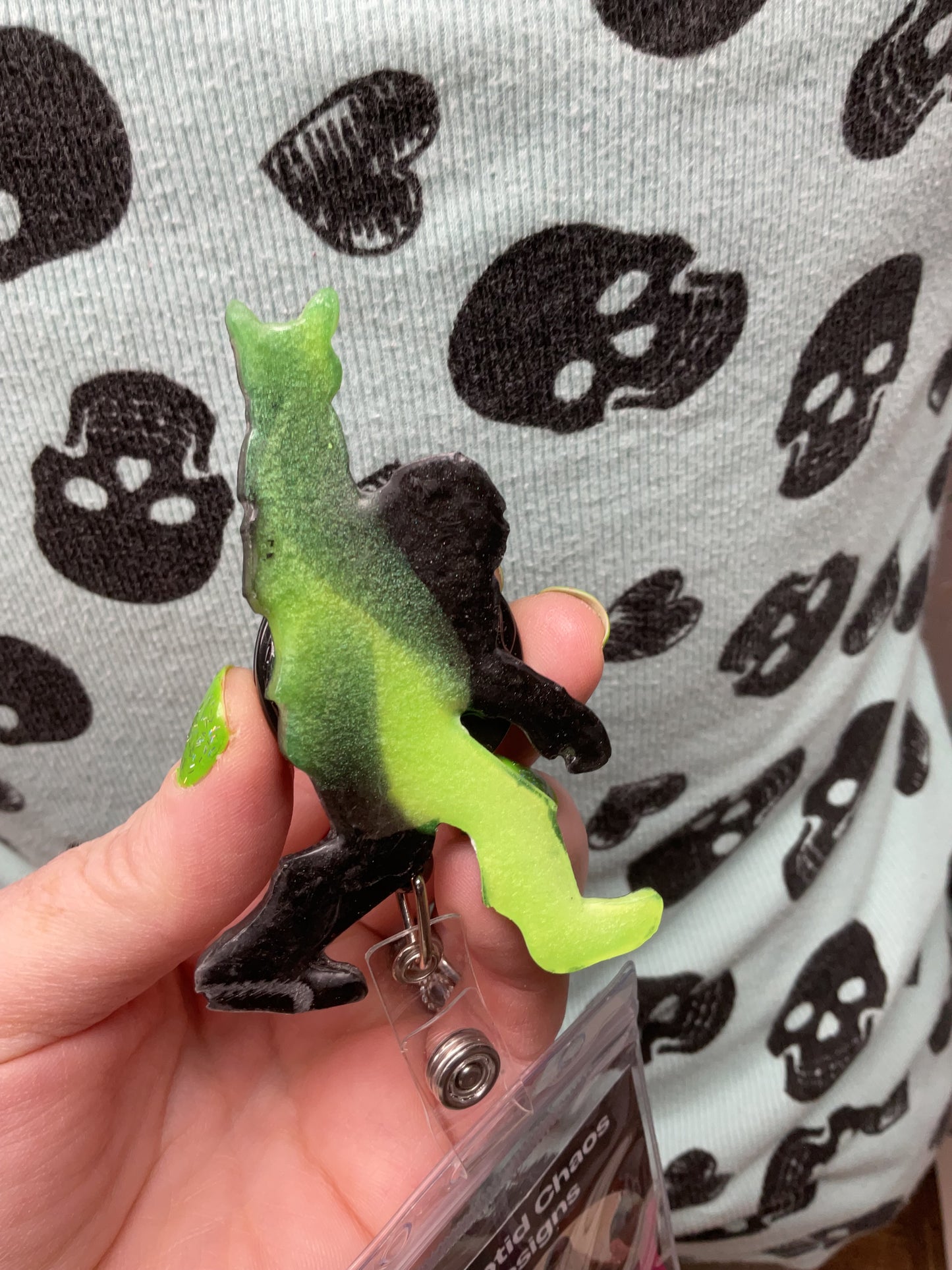 Glow in the Dark Green Bigfoot Rock Hand Retractable Badge Reel