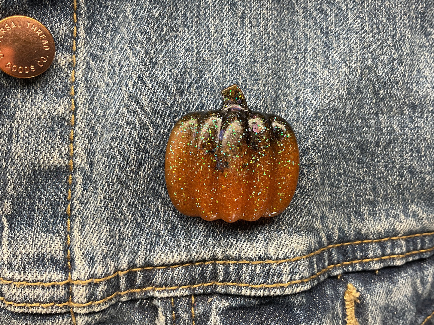 Orange & Black Pumpkin Pin with Green Glitter