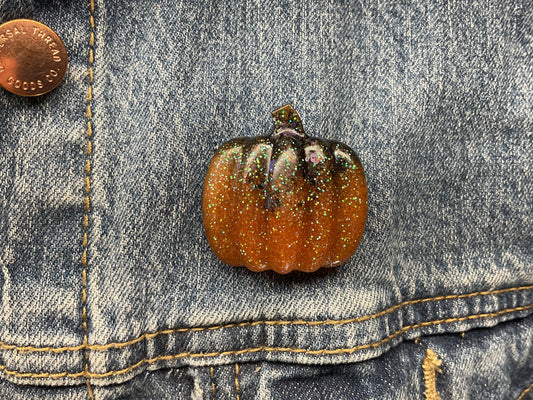 Orange & Black Pumpkin Pin with Green Glitter