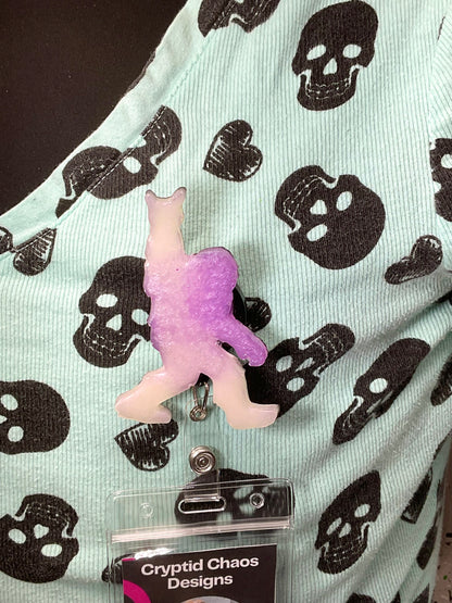 Purple & White Bigfoot Rock Hand Retractable Badge Reel- Glow in the Dark